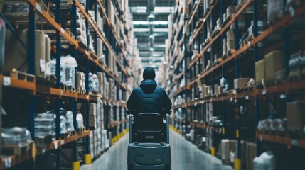 Wall Mural - Smart warehouse worker or operator driving forklift and lifted product surrounded with box at storage. Professional engineer working in ware house while using machine carry or transport box. AIG42.