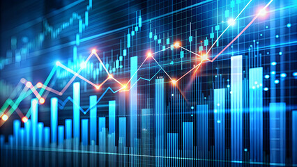 Perspective view of stock market growth, business investing and data concept with digital financial chart graphs, diagrams and indicators on dark blue blurry background