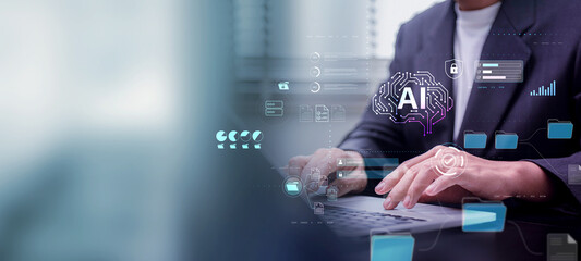 Aufkleber - AI Business Management Documents Data, Professional Using Digital Technology for Data Analysis, Network Security and Cybersecurity in a Modern Workspace