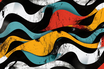 Wall Mural - A colorful abstract painting with a lot of texture and lines. The colors are bright and bold, and the lines are wavy and jagged. The painting has a sense of movement and energy