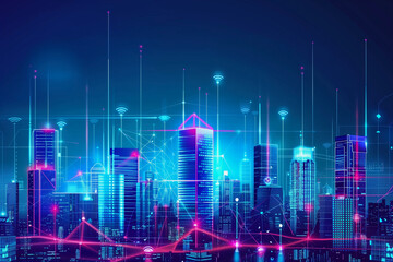 Wall Mural - a cityscape with many buildings and a lot of lines and dots. the city is lit up and he is futuristic