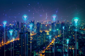Wall Mural - a cityscape with many buildings and a lot of lines and dots. the city is lit up and he is futuristic