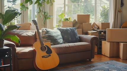 Wall Mural - Guitar leaning on a sofa in a living room with packed boxes in the background on moving day