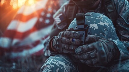 Soldier in camouflage holding equipment with American flag in background at sunset close-up