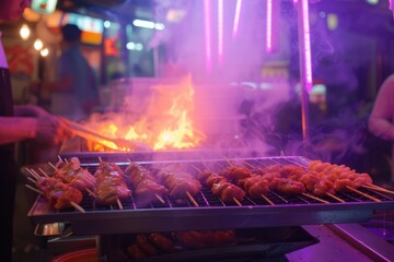 Wall Mural - Hot grilled tradition chinese street food placed on food stall with smoke and surrounded by diverse people walking at night market with neon light and blurring background. Tourism concept. AIG42.