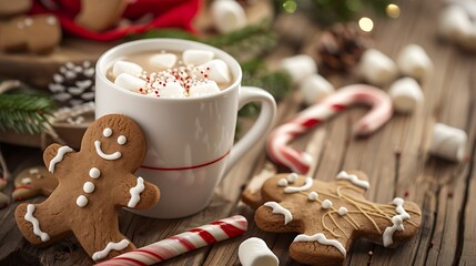 Wall Mural - Homemade gingerbread man cookie and cup of hot chocolate with marshmallows and candy cane on the wooden table