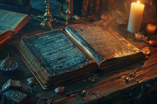 Old book of spells open on a wooden table surrounded by ancient scrolls and mystical artifacts