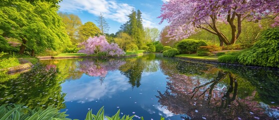 Wall Mural - A tranquil pond surrounded by lush greenery, reflecting the vibrant blossoms of cherry trees in full bloom under the soft blue sky of Spring. 32k, full ultra HD, high resolution