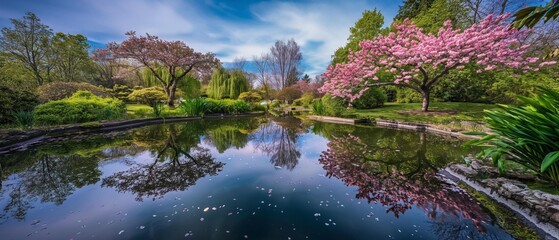 Wall Mural - A tranquil pond surrounded by lush greenery, reflecting the vibrant blossoms of cherry trees in full bloom under the soft blue sky of Spring. 32k, full ultra HD, high resolution
