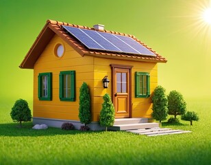 Miniature house with solar panel on the roof Environmental eco safe Conservation