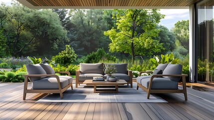 Wall Mural - Modern patio with sofa armchairs coffee table and garden view background