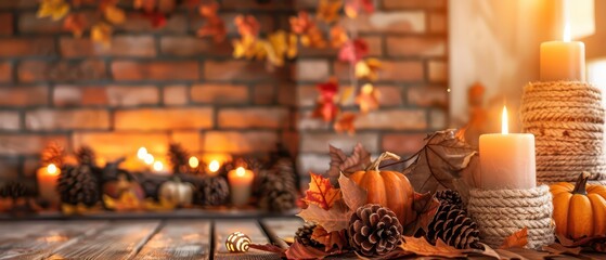 Wall Mural - Cozy fireplace with fall decor and copy space