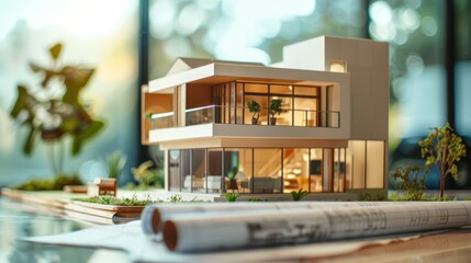 Wall Mural - Panoramic perspective of a model house with a rolled architectural blueprint unfurled nearby, illustrating the seamless integration of design concepts into tangible structures. 