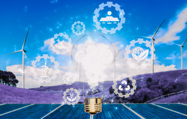 Wall Mural - Green energy innovation light bulb with future industry of power generation icon graphic interface. Concept of sustainability development by alternative energy. uds