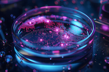 Wall Mural - A glass dish with a blue background and a pinkish glow. The dish is filled with small, glowing particles