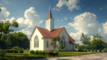 A small white church with a red roof and a cross on top