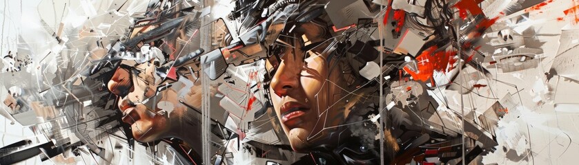 Abstract digital artwork featuring two male faces amidst a fragmented and chaotic background, blending reality and fantasy elements.