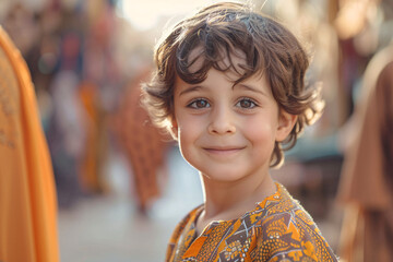 Wall Mural - A joyful child near a mosque during Eid-al-Adha, celebrating the religious festival with the community.