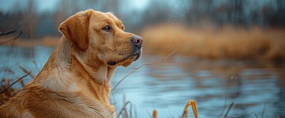 Poster - A Close-Up Photo Of An Adorable Labrador Retriever Dog Sitting By The Lakeshore, Content And Happy, HD