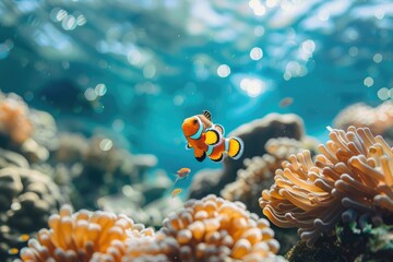 Wall Mural - Close-up of a clownfish swimming amongst the coral in a colorful underwater scene