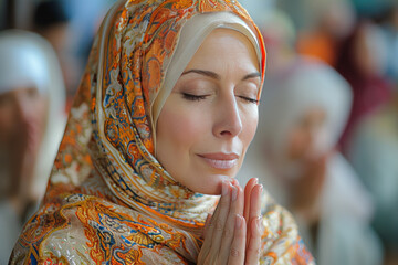 Wall Mural - Muslim woman is praying in the mosque,generative ai