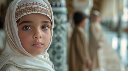 Wall Mural - Muslim boys wearing white prayer caps in mosque,generative ai