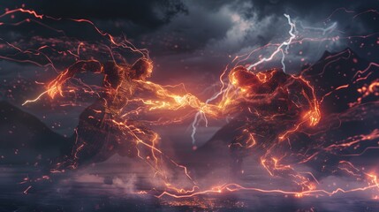 The ancient Shadow Guardians of Lightning and Fire are fighting.