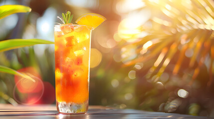 A glass of iced tea with a slice of orange on top. The drink is served on a table in a sunny outdoor setting