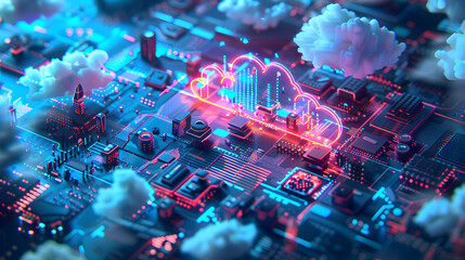 Wall Mural - A computer chip with a cloud on it. The cloud is glowing and the chip is glowing as well