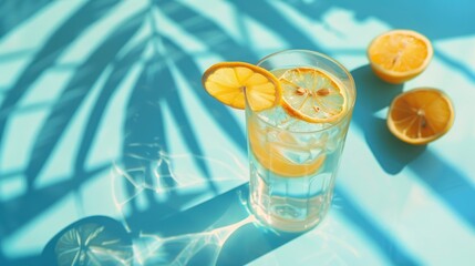 Blue background with palm leaves drink lemon and lime slices Modern product display for advertising and presentation of refreshing summer drinks natural cosmetic