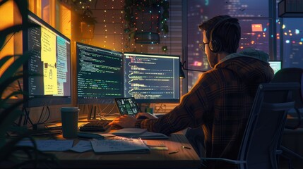 Wall Mural - attractive professional software developer coding program or engineering prompt. skilled programmer 