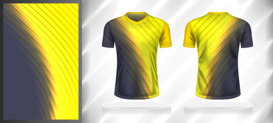 Wall Mural - Vector sport pattern design template for V-neck T-shirt front and back with short sleeve view mockup. Dark and light shades of yellow-grey color gradient abstract line texture background illustration.