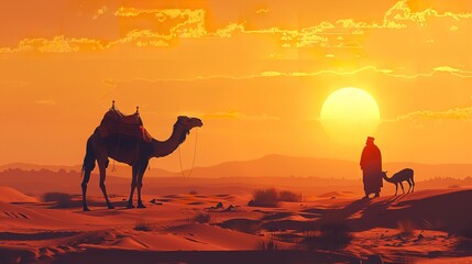 Wall Mural - Camel in desert Eid Al Adha Mubarak Arabic man