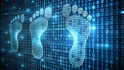 Cybersecurity digital footprints made of binary code, highlighting the importance of cybersecurity and protecting one's digital footprint from unauthorized access and exploitation