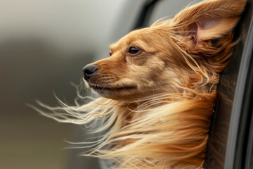 Wall Mural - A dog with long hair is blowing its hair in the wind