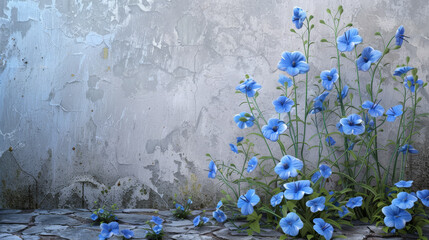 Wall Mural - A wall with blue flowers growing out of it