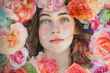 Wall Mural - A woman is surrounded by a bouquet of roses