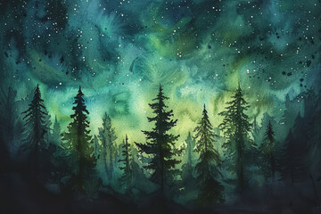 Wall Mural - A painting of a forest with trees and a sky full of stars