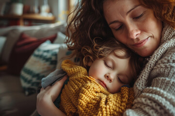 A woman is holding a sleeping child in her arms