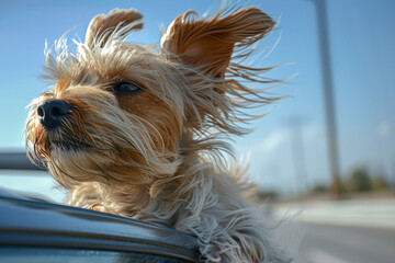 Wall Mural - A dog with a fluffy coat is sitting on a car window sill