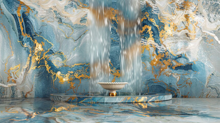 Wall Mural - A fountain with a gold rim sits in a blue and white room