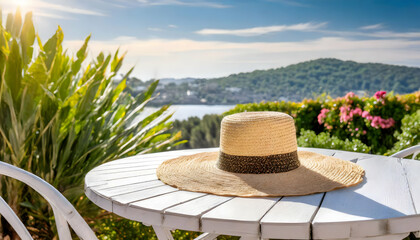 Wall Mural - White table of free space and summer hat A white table with a wide-brimmed straw summer hat, set against a sunny outdoor background