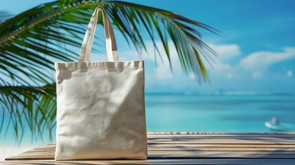 Blank Eco Cotton Tote Bag shopper with tropical sea background