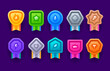 © Buch&Bee - Game achievement medal badge, level rank. Vector set of colorful trophy icons, asset ribbons in vibrant colors with symbols for recognizing accomplishments in gaming and enhancing user experience