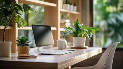 	
Working space in the office. Laptop on the table, green plant and booking shelf on the background