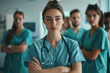 Poster - Female nurse leads medical team in hospital for healthcare.