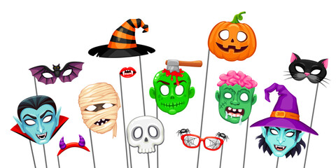 Wall Mural - Halloween masks with props for photo booth. Isolated vector set cartoon witch hat and face, vampire, mummy and pumpkin. Bat, devil horns, skull and monster lips. Zombie with axe in brain, and cat head