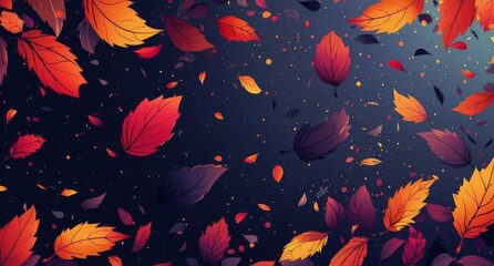 Wall Mural - Autumn Leaves Falling Through The Air On A Dark Night