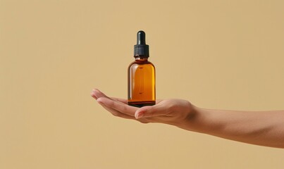 Minimalist image of a hand presenting a facial oil bottle on a light yellow backdrop, no text, no brand, clean design