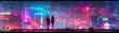 © Parintron - Silhouettes of two people in a vibrant, neon-lit futuristic cityscape at night, creating a cyberpunk ambiance with stunning colors and atmosphere.